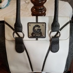 Guess White Leather with Gray Ostrich Handbag